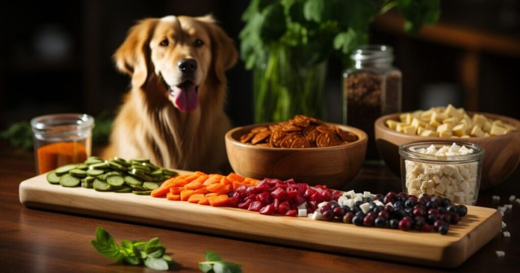 Cão comendo alimentação natural com ingredientes frescos e saudáveis