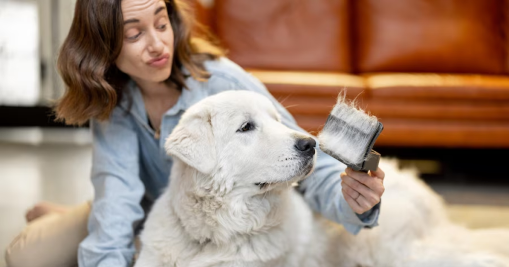 escovando o pelo do cachorro durante o outono