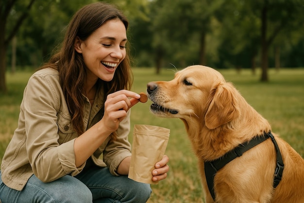 Biscoitos para pets sendo oferecidos com carinho