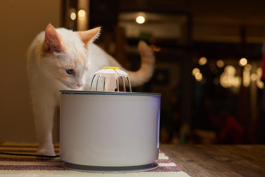 gato bebendo água em fonte elétrica para pets