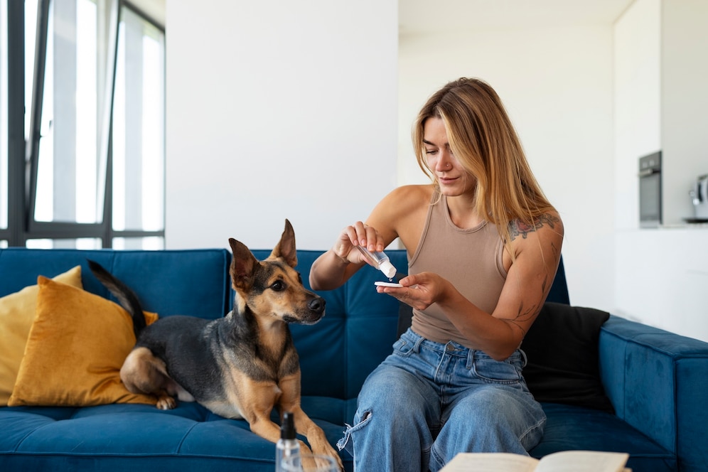 tutor oferecendo suplemento para articulação pet