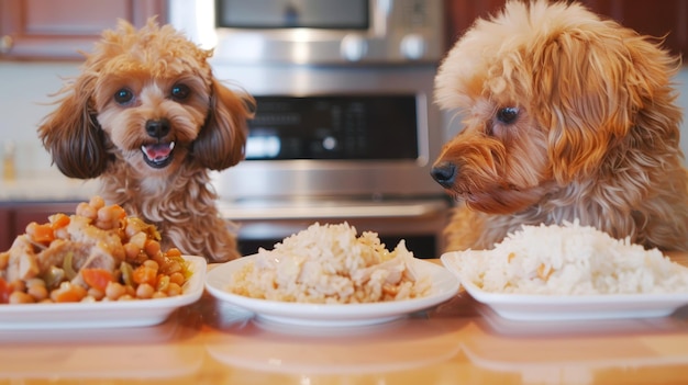 Um cão e um gato lado a lado olhando para um prato de comida natural colorida (frango, legumes, arroz).