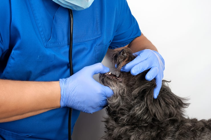 Veterinário examinando os dentes de um pet.