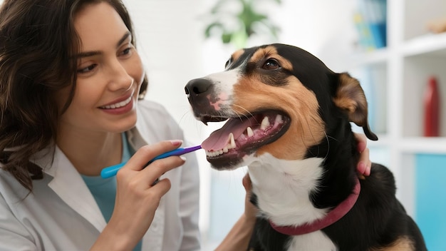 Tutor feliz escovando os dentes do seu cão ou gato.