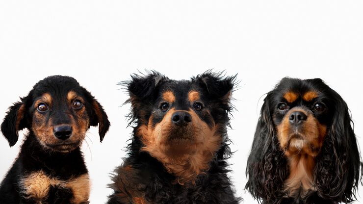 Cães de diferentes portes e idades lado a lado