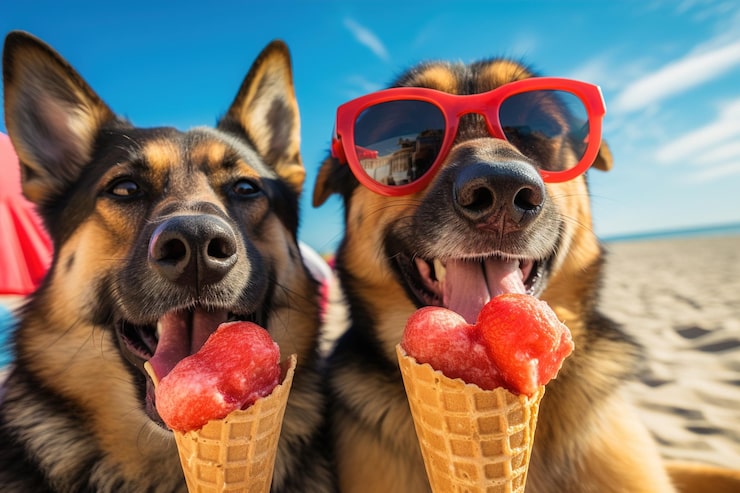 Cachorro e gato se refrescando com petisco gelado no verão.